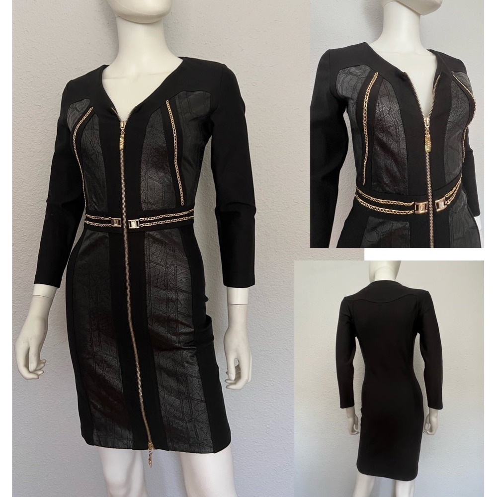 NEW WOMEN BLACK DRESS TWO-WAY ZIP FRONT 3/4 SLEEVES COLLARLESS ABOVE-THE-KNEE‎